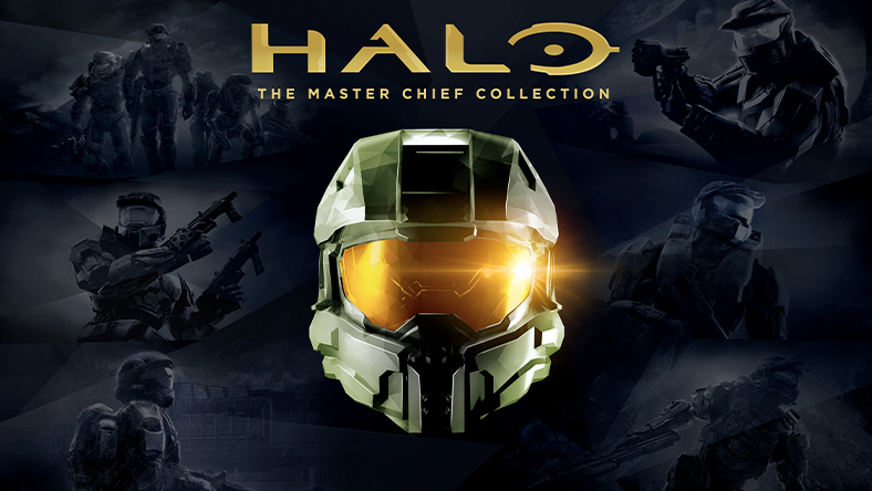 Halo: The Master Chief Collection 士官长头盔的前视图，背景是先前的 Halo 游戏艺术图。