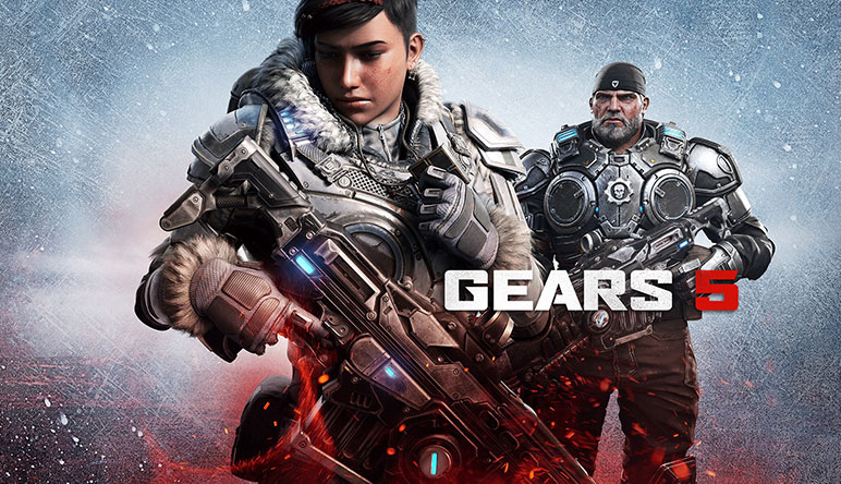 Gears 5 凯特和马库斯身着重型装备摆姿势。